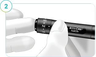 Die Abbildung zeigt, wie eine Stechhilfe an einem Finger verwendet wird, um einen Glukosemesswert zum Kalibrieren der Accu-Chek SmartGuide CGM-Lösung zu messen.