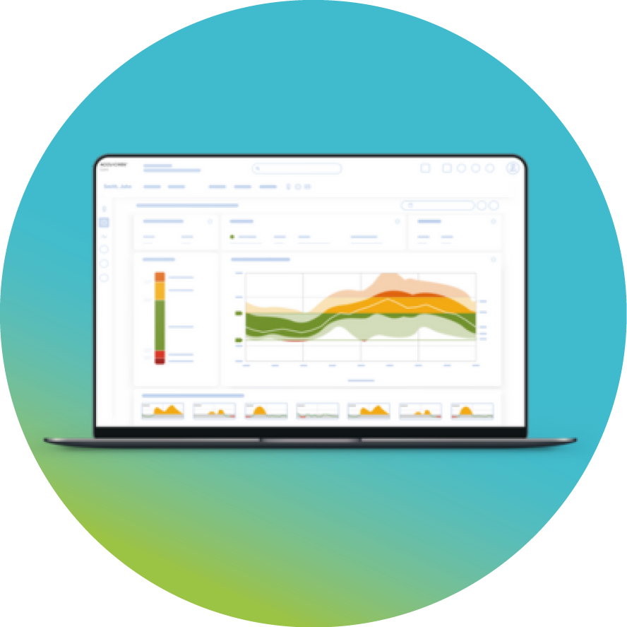 Laptop zeigt ein AGP-Dashboard der Accu-Chek Care Plattform mit farbigen Glukoseverläufen und CGM-Datenvisualisierungen