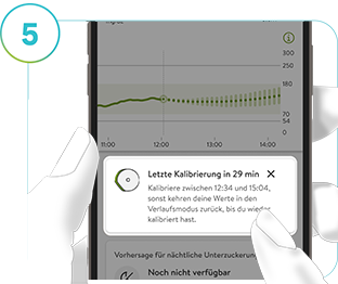 Screenshot der Aufforderung „Kalibrierung bald verfügbar“ im mySugr Glukoseüberblick.