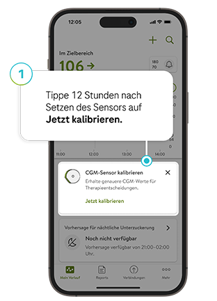  Screenshot der Schaltfläche „Jetzt kalibrieren“ im mySugr Glukoseüberblick.