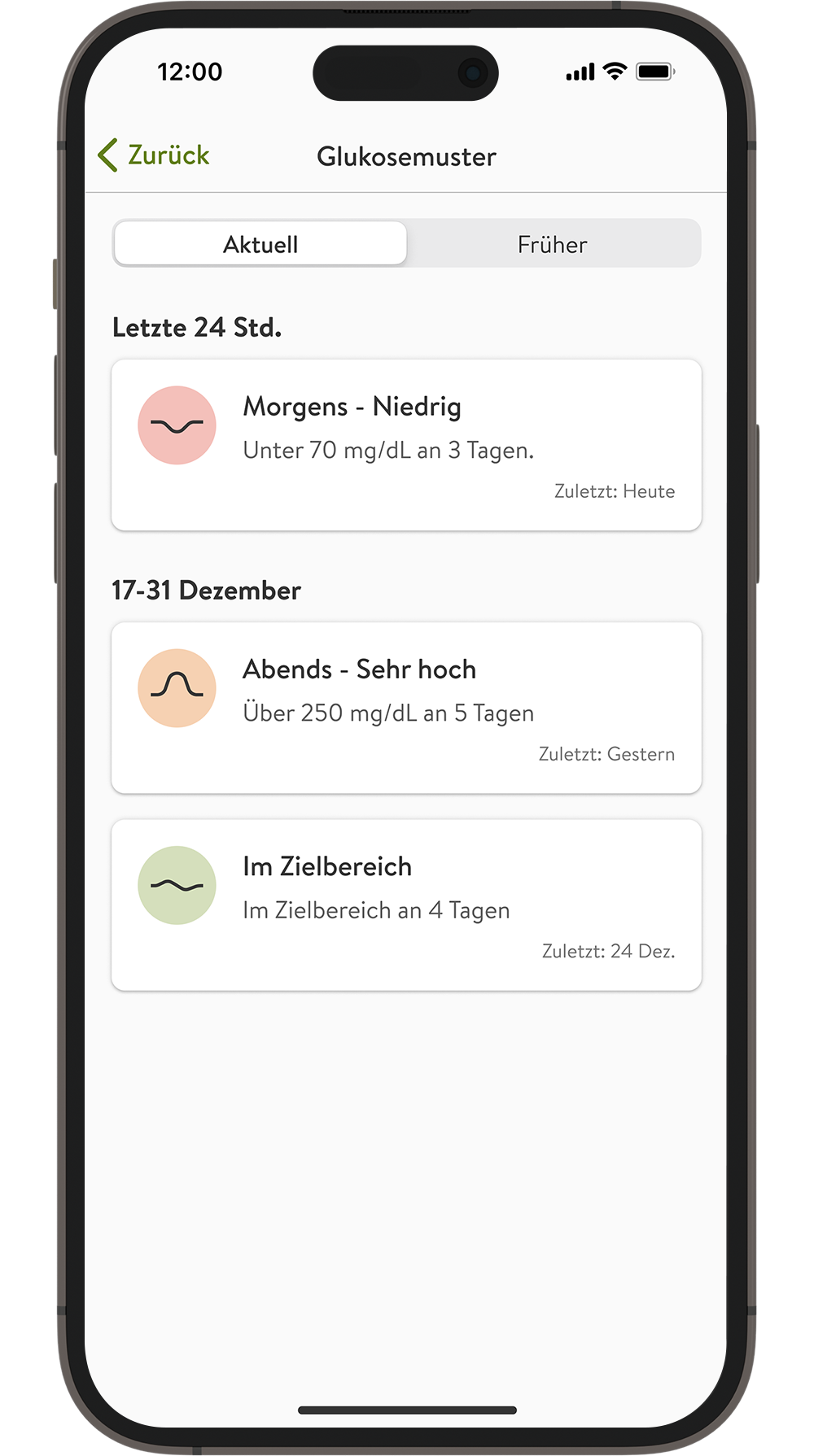 mySugr Glukoseüberblick mit der Wochenübersicht der Erkennungsfunktion und identifizierten Glukosemustern, einschließlich Glukose-Ereignissen für niedrige Glukosewerte am Morgen, hohe Glukosewerte am Abend und Werte im Zielbereich.