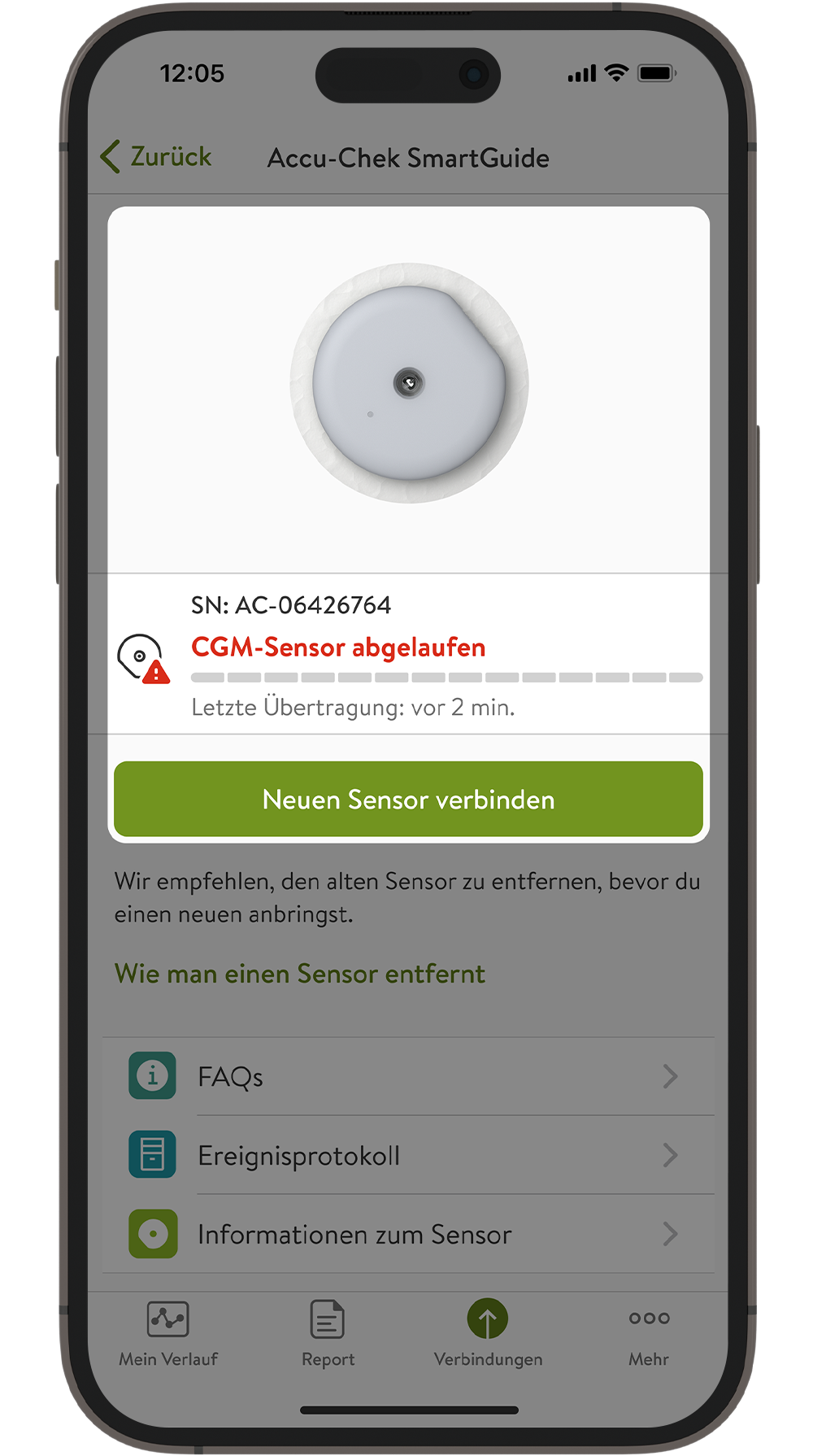 Screenshot der Anzeige in der App, die darüber informiert, dass der Sensor abgelaufen ist.
