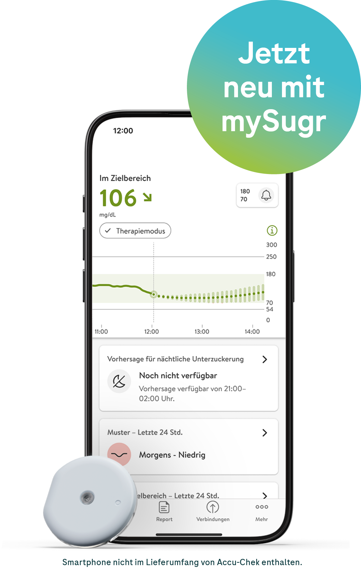 Accu-Chek SmartGuide CGM-Sensor und Smartphone mit App-Ansicht – KI-gestützte Glukosevorhersagen auf einen Blick
