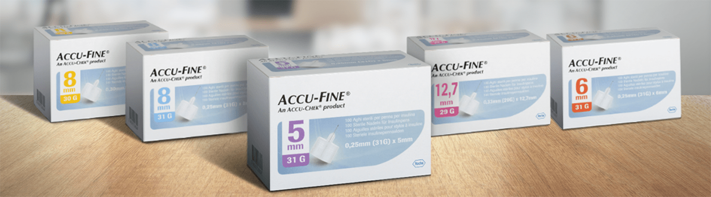 Verpackungen der Accu-Fine Pen-Nadeln: Zur sicheren Gabe von Insulin sollten Betroffene sie nach jeder Anwendung wechseln.