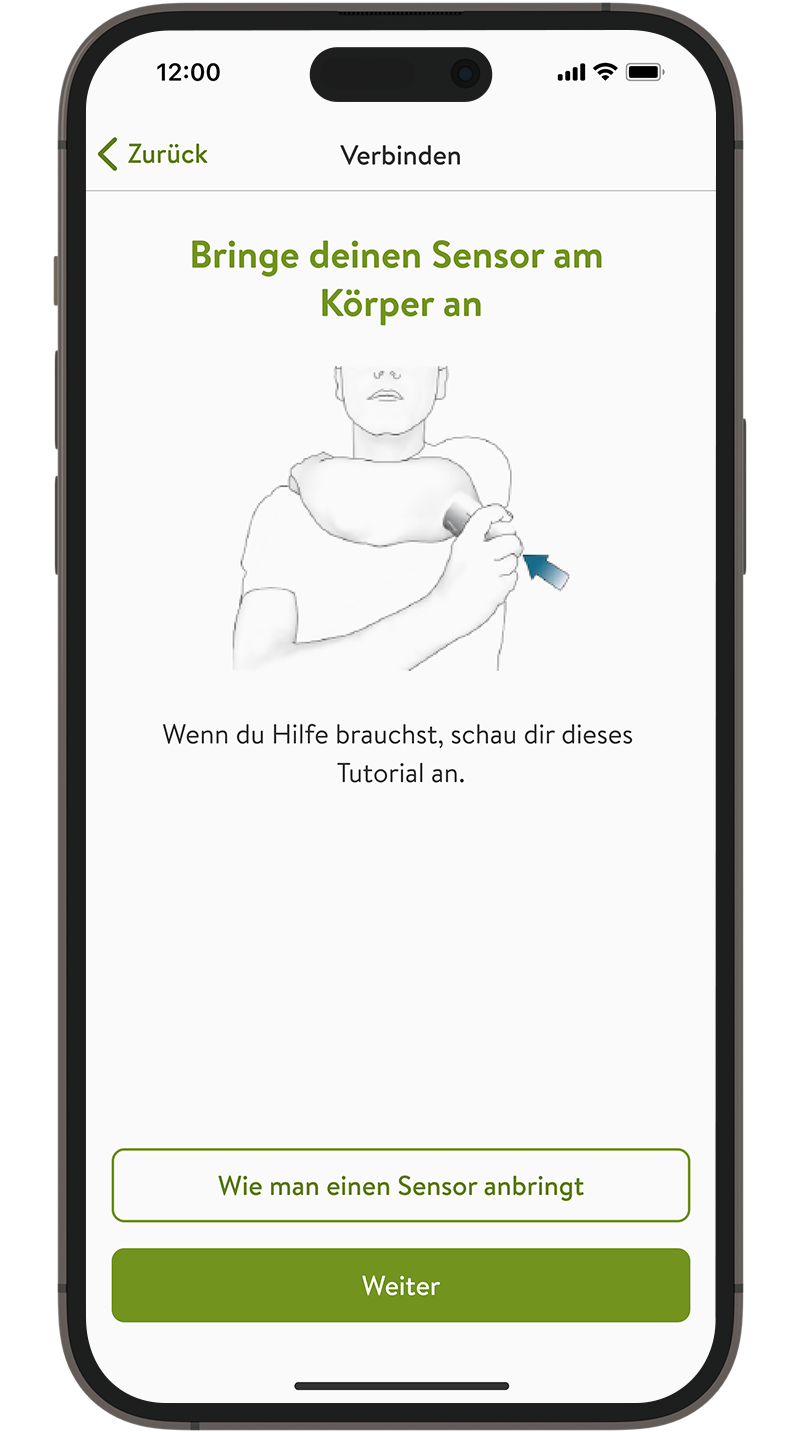 Screenshot der Anzeige zum Anbringen des Sensors in der Kopplungsanleitung der mySugr App.