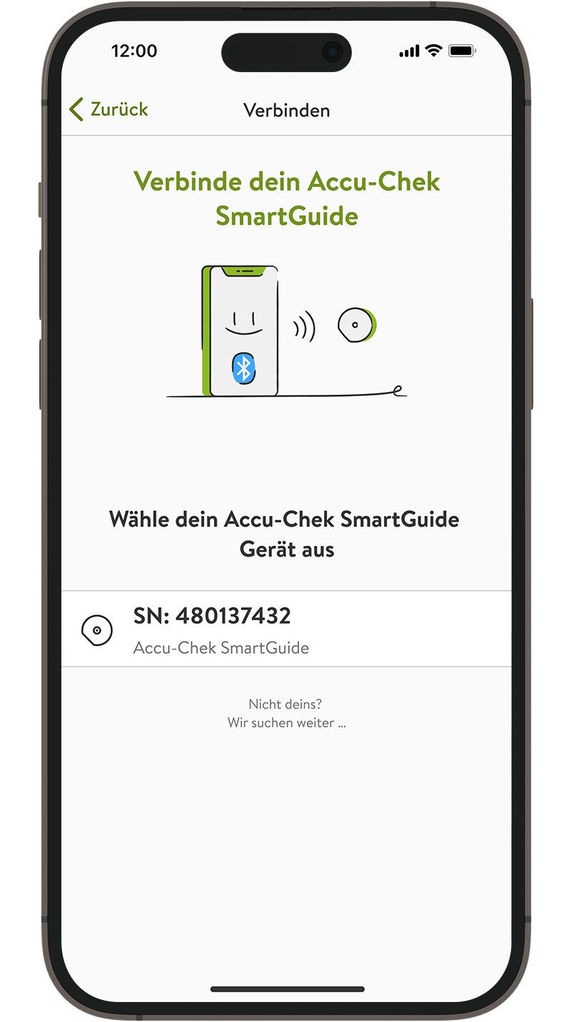 Screenshot der Anzeige, dass der CGM-Sensor gefunden wurde, zeigt die zugehörige Seriennummer auf der Drehkappe.