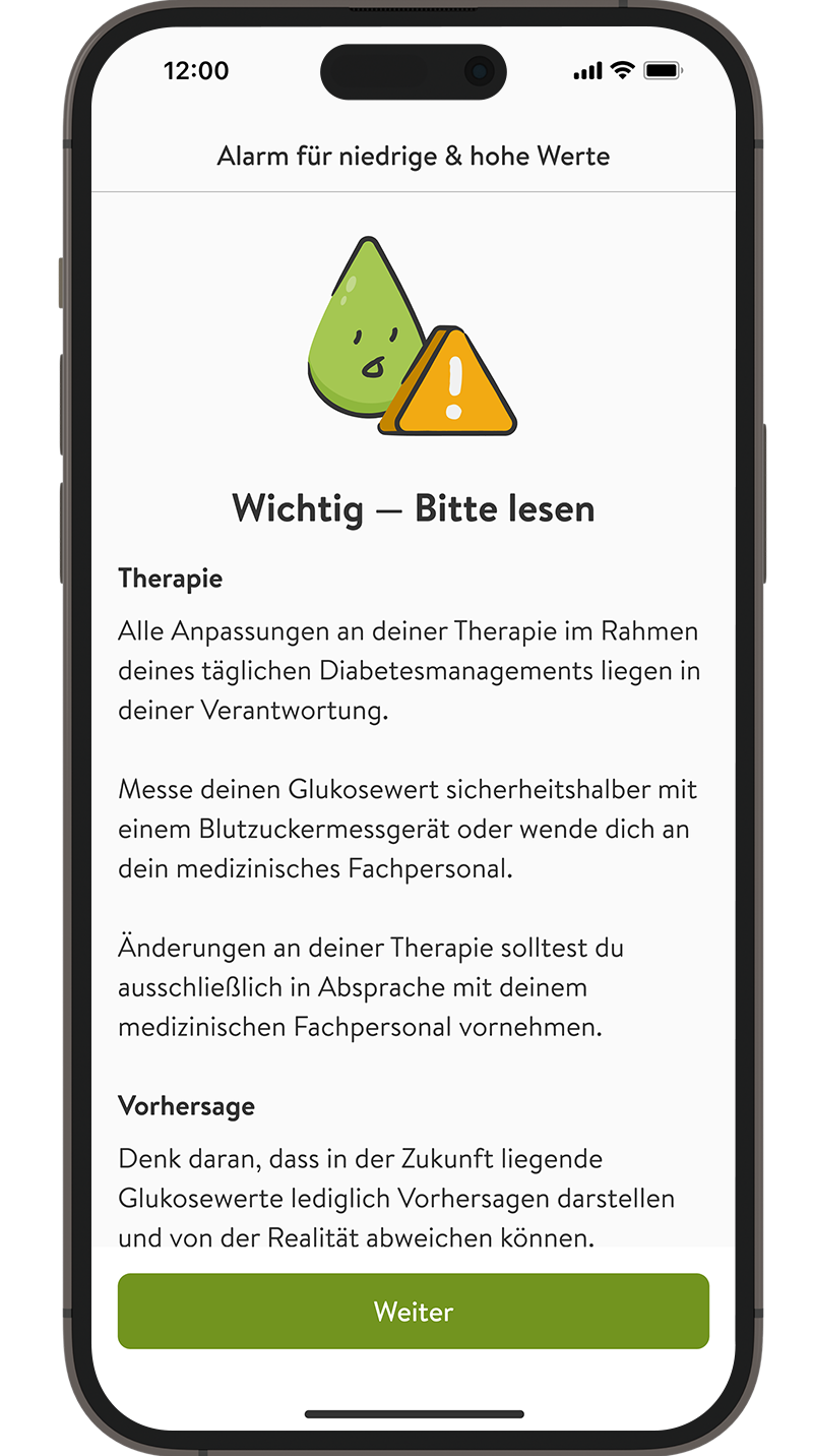 Bildschirm mit der Anzeige für wichtige Informationen.