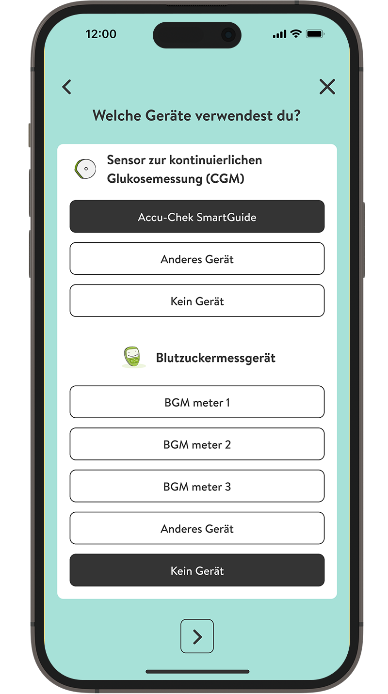 Screenshot des Einrichtungsvorgangs der mySugr App mit Auswahl des Insulingeräts.