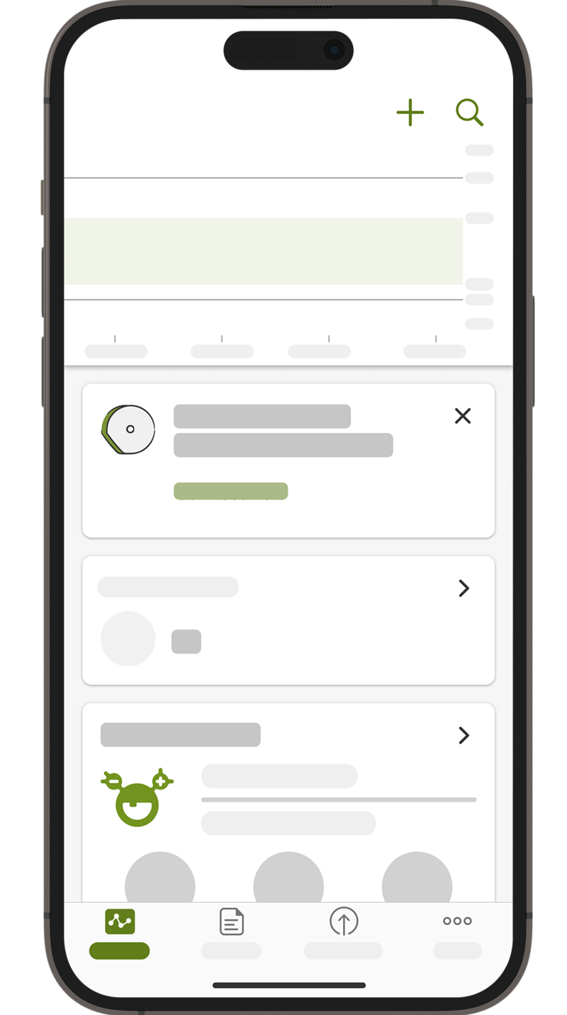 Screenshot der Startseite der mySugr App mit dem Widget zum Verbinden der CGM.