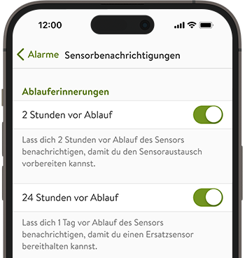  Screenshot der mySugr App mit den Erinnerungen für den Sensorablauf.