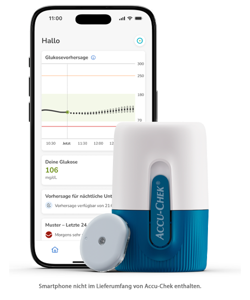 Produktansicht der Accu-Chek SmartGuide CGM-Lösung mit Sensor und Smartphone-App